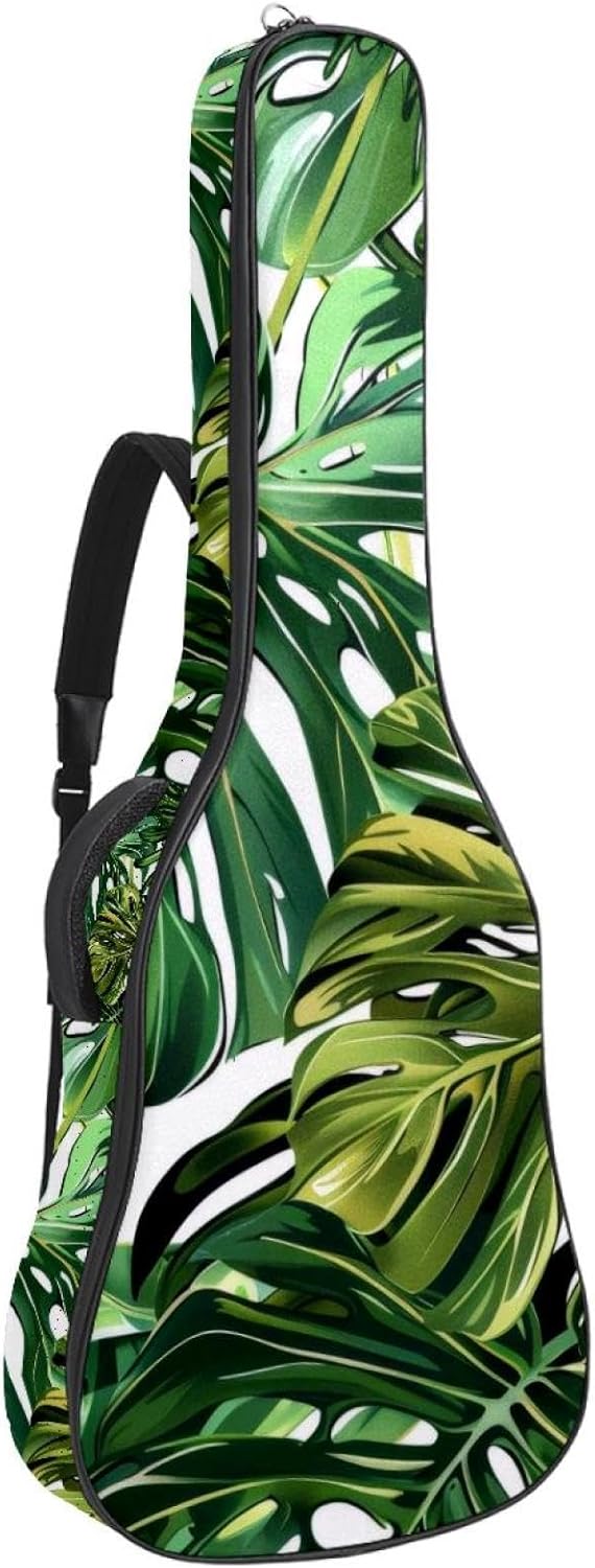 Acoustic Guitar Bag, 40 41 42 Inch Guitar Case Cover Soft Guitar Gig Bag for Acoustic Electric Bass Classical Guitar, Green Tropical Forest Botanical Background