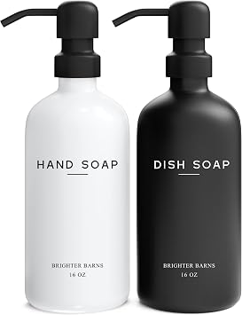 Luxury Glass Hand and Dish Soap Dispenser Set by Brighter Barns - Kitchen Soap Dispenser Set with Stainless Steel Pump for Kitchen Sink - Neutral Modern Farmhouse Home Decor for Airbnb Black/White