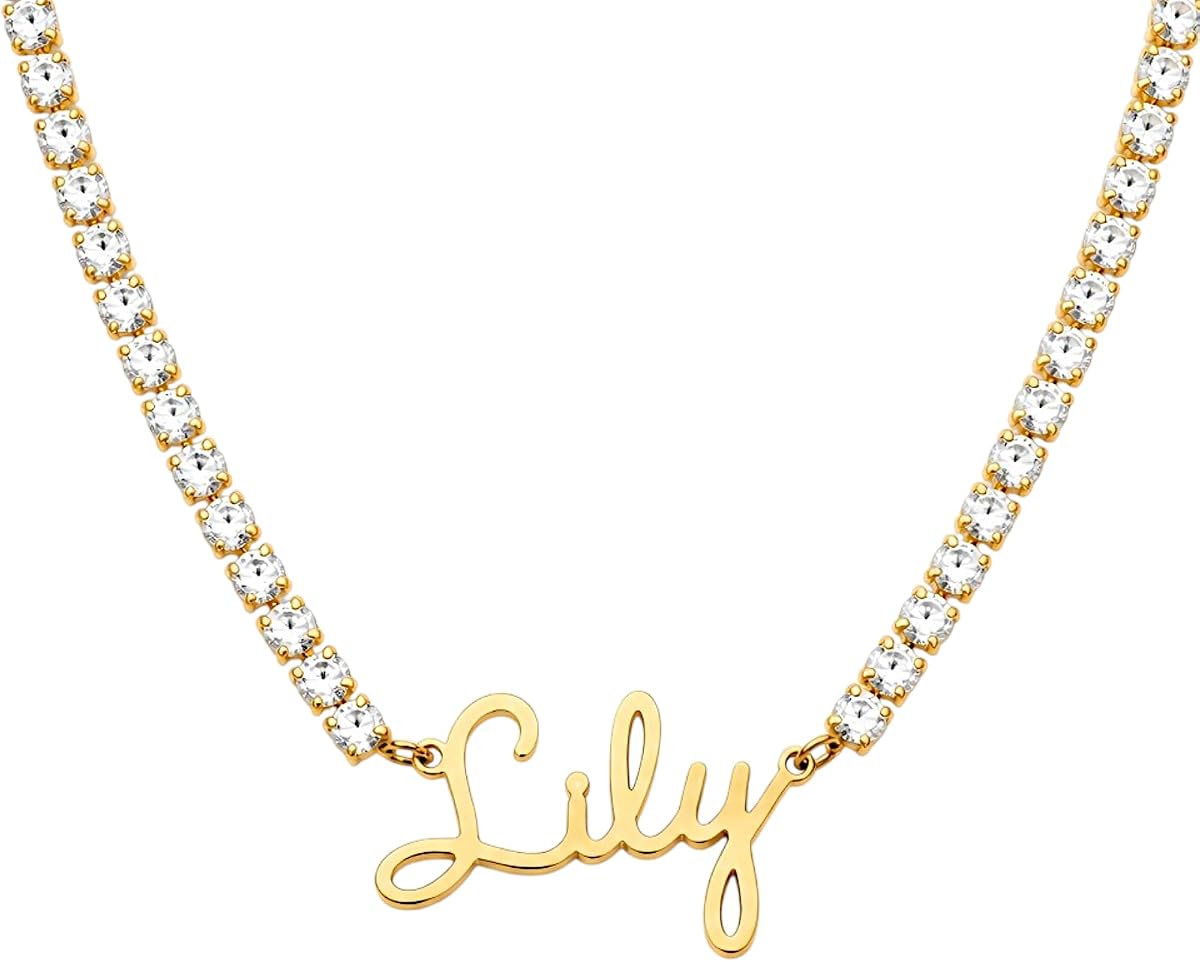 Custom Signature Name Tennis Necklace for Women | Personalized Nameplate Choker, 3mm 3A CZ tennis chain, PVD gold plated stainless steel, 16 in + 2 in for daily wear and gift