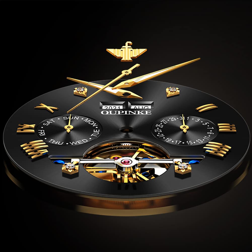 OUPINKE Herrenuhr Automatik Mechanische Armbanduhr mit Mondphase Wasserdicht Luminous Tag Datum Zweifarbige Edelstahlarmband