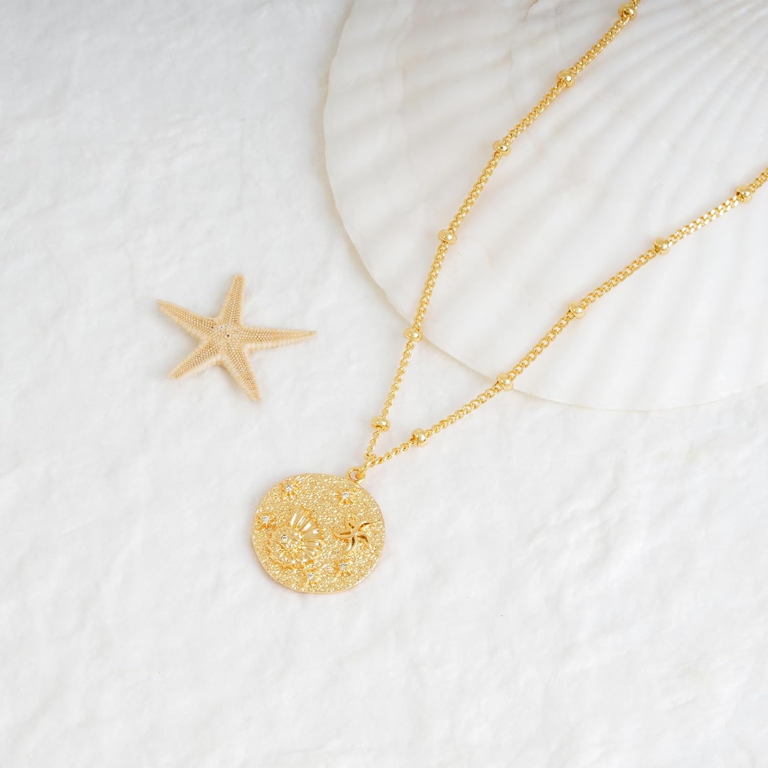 MEVECCO Dainty Gold Seashell Pendent Necklace Ocean Necklace for Women 18K Gold Plated Necklace Boho Handmade Summer Beach Necklace Jewelry Coin Conch image 5 of 7 B0D53NSB1N