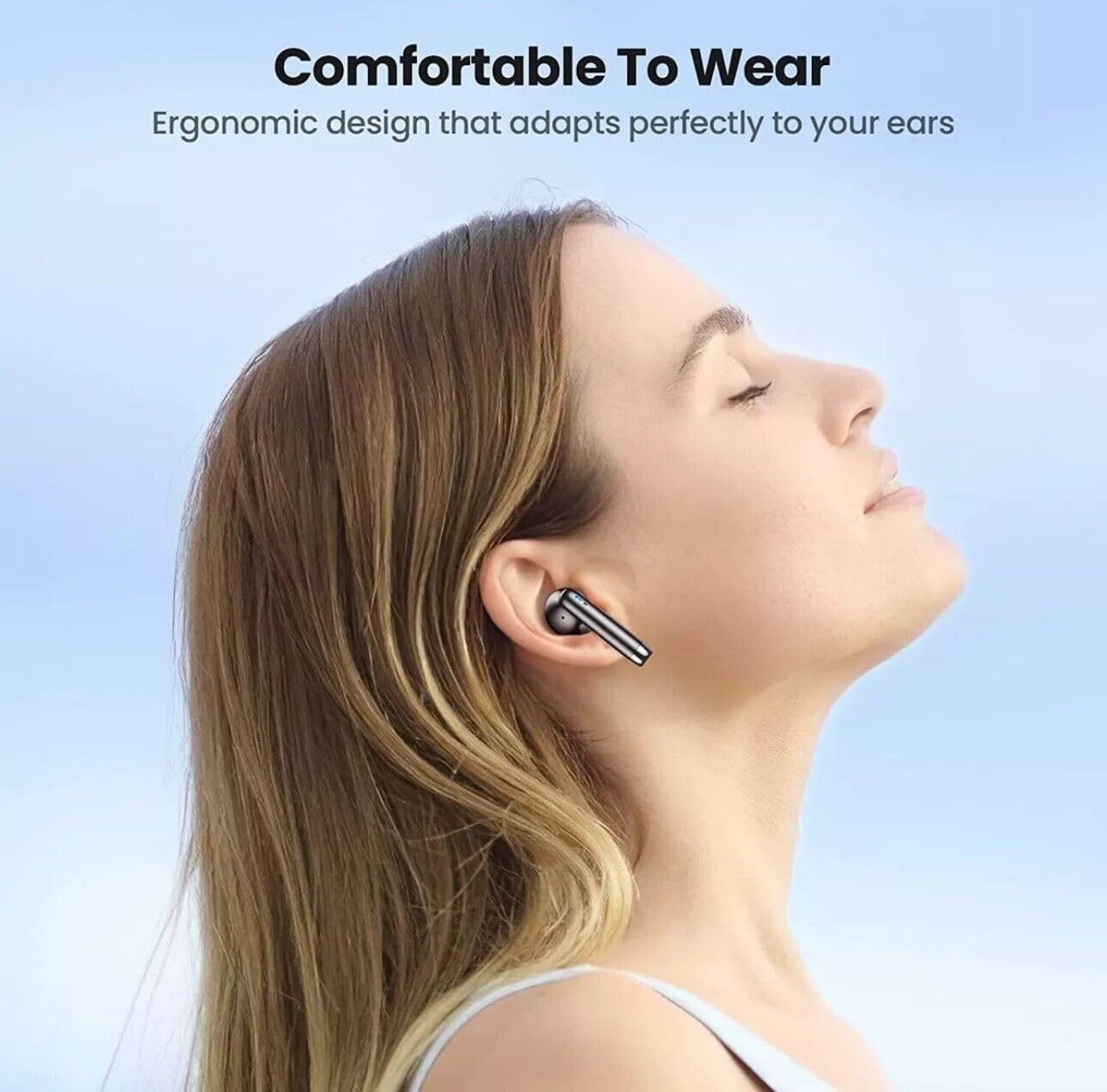 A person wearing an SGNICS IAII15 earbud, showing its comfortable and ergonomic fit