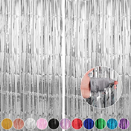Image of Crosize 2 Pack 3.3 x 9.9 ft Silver Foil Fringe Backdrop Curtain, Streamer Backdrop Curtains, Streamers Birthday Party Decorations, Tinsel Curtain for Parties, Photo Booth Backdrops, Party Decor