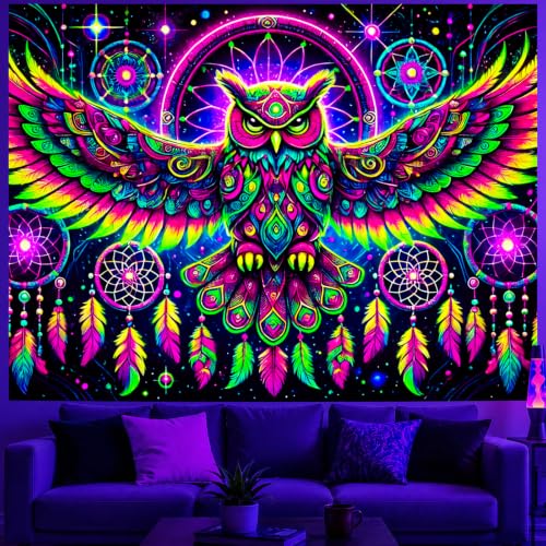 Image of BlissYard Owl Dreamcatcher Blacklight Tapestry Wall Art 78x59 Inch Neon Psychedelic Glow in Dark Backdrop Blacklight Tapestry Trippy Cosmic Bird Feather Scene for Bedroom Dorm Party Room Decorate