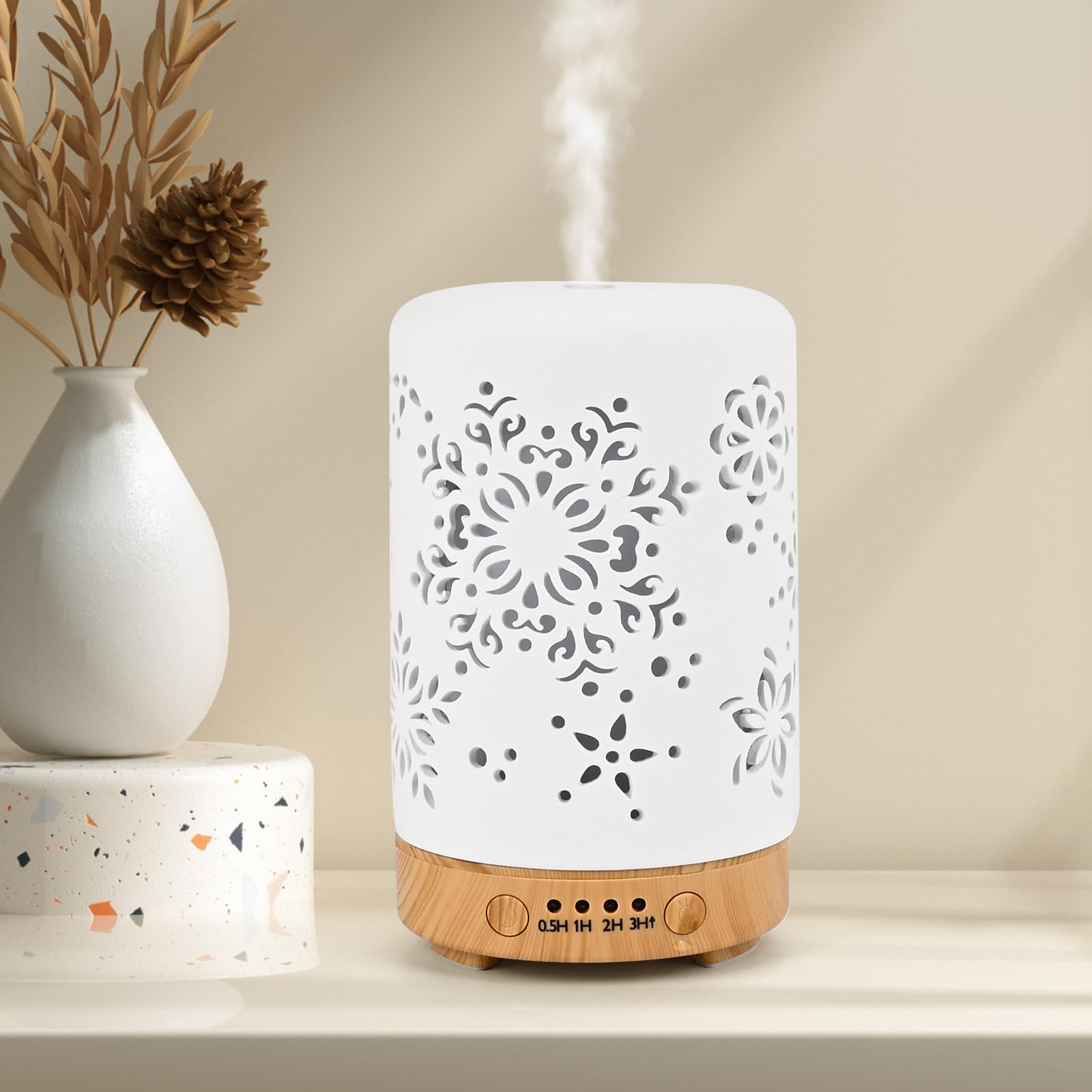 Humidificador Difusor de Aceites Esenciales Cerámica, GuKKK 100ML Silencioso Humidificador de Aromaterapia Ultrasónico, con Temporizadores y 7 Colores LED, para el Hogar del Dormitorio de Oficina