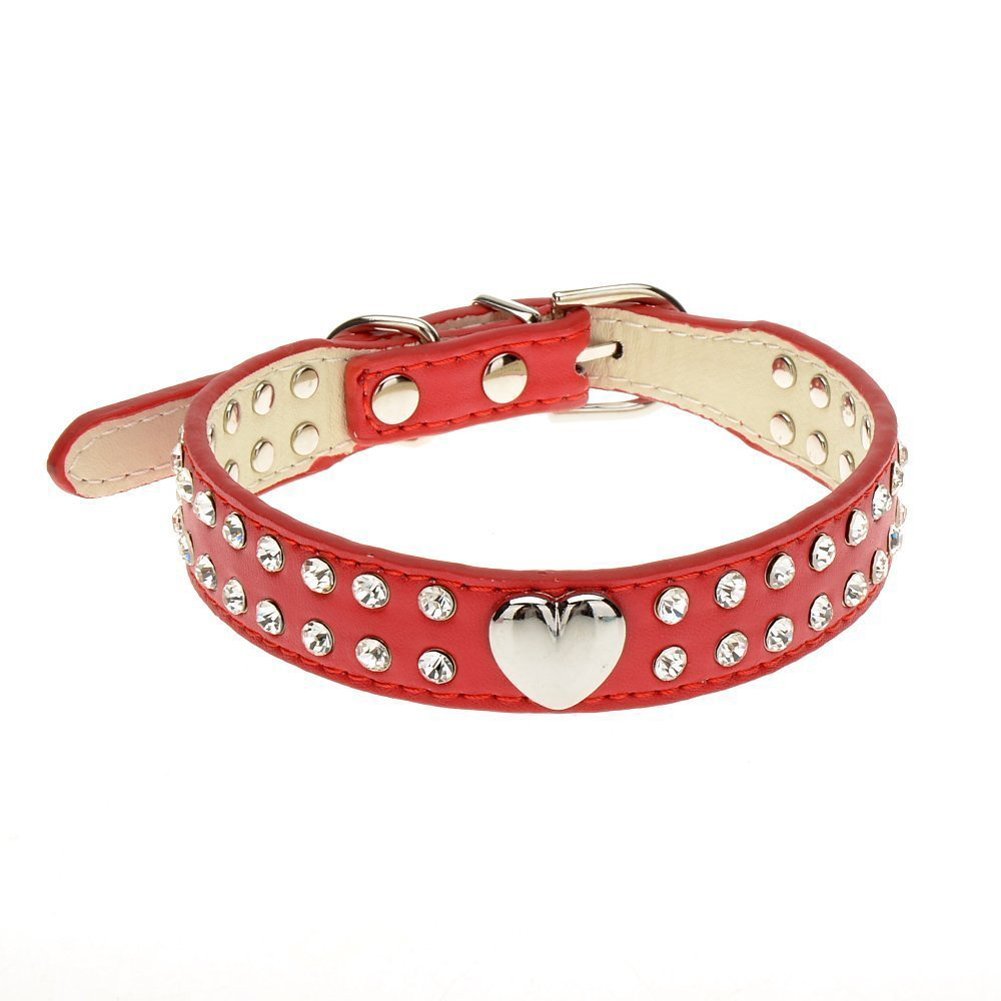 Ewanda store Cute 2 Rows Rhinestone Bling Heart Studded Leather Dog Leash Dog Collar for Small or Medium Dog Pet,Red,XXS