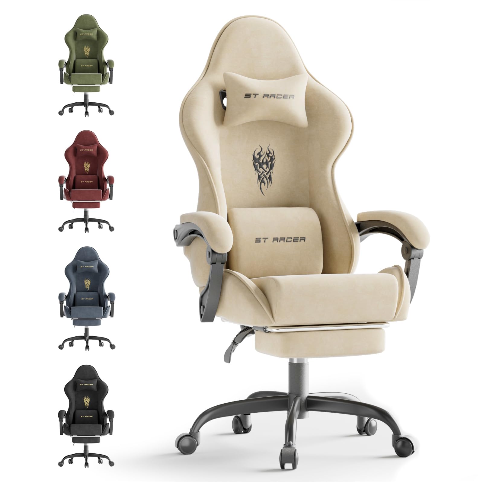 Soontrans Silla de Gaming Ergonómica con Masaje Lumbar, Reposapiés Integrado y Diseño Flameado – Silla de Oficina Gamer, Tejido Duradero, Blanco – Trabajo y Confort Óptimo