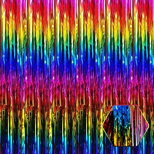 Image of 6 Pack Rainbow Foil Fringe Curtain Backdrop, 3.28Ft x 8.2Ft Metallic Tinsel Foil Fringe Streamer Curtains for Photo Booth, Christmas Day, Thanksgiving, Wedding, New Year Party Decorations