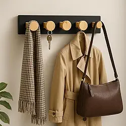 Cabideiro de Parede Estilo Industrial em Madeira Natural com Preto Fosco | Instalação Sem Furo com Fita Dupla Face | Minimalista | Pronto para Uso | by Ateliê TH Wood Art