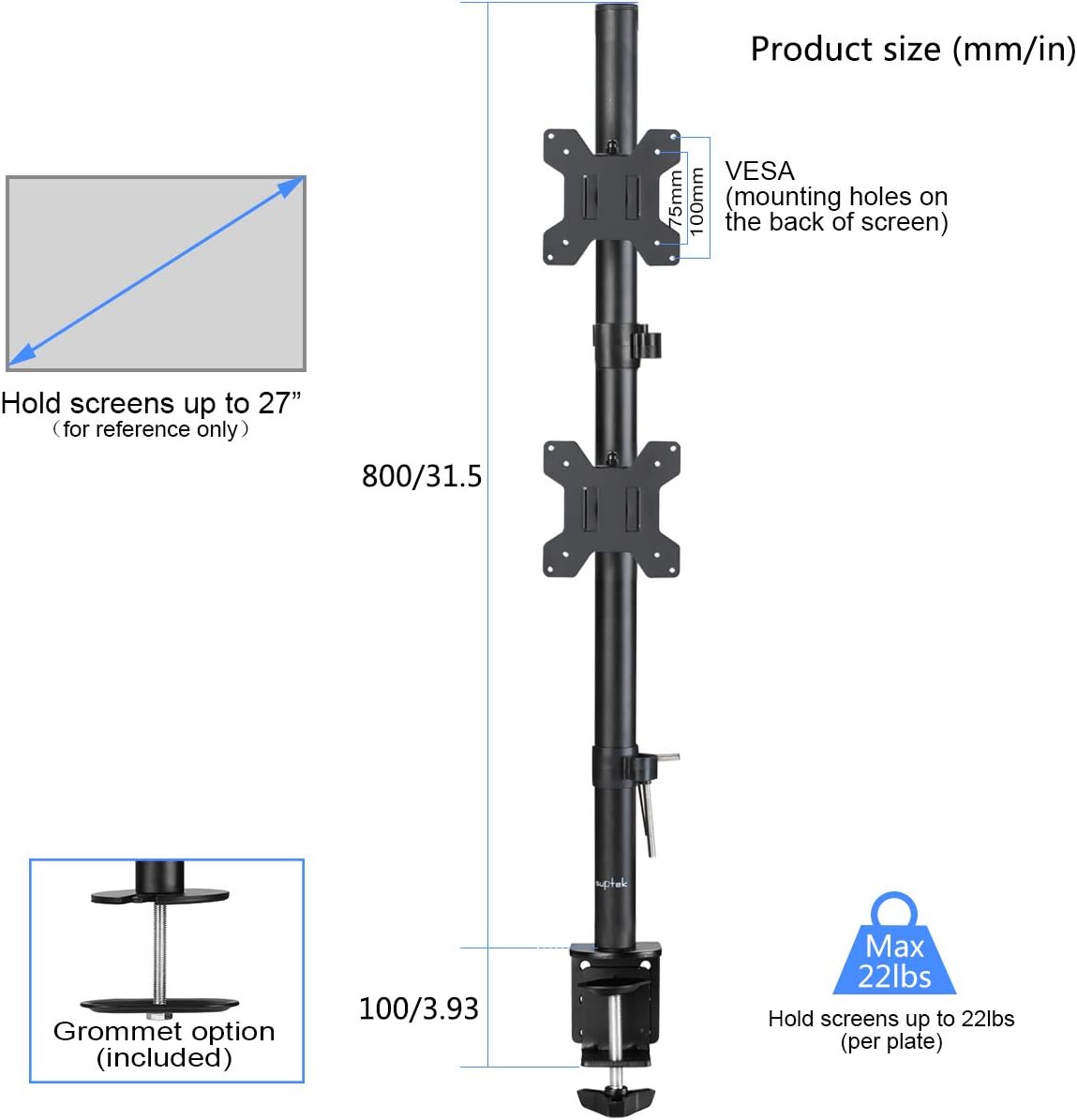 Hоlіdау Dеаlѕ 🛒 Suptek Dual LED LCD Monitor Stand up Desk Mount for 2 / Two Screens up to 27 inch Extra Tall 31.5 Pole Heavy Duty Fully Adjustable Stand Vertical Array (MD6802)