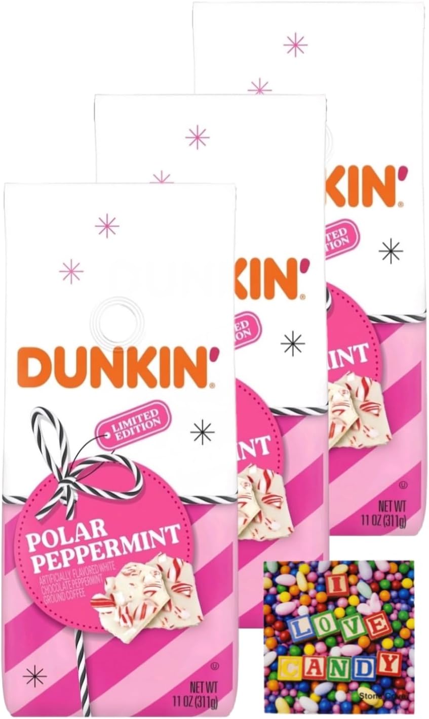 Dunkin Polar Peppermint Ground Coffee Bundle with Stone Cove Fridge Magnet - 11 oz Per Bag - Seasonal Holiday Flavored Coffee (3 Bags)