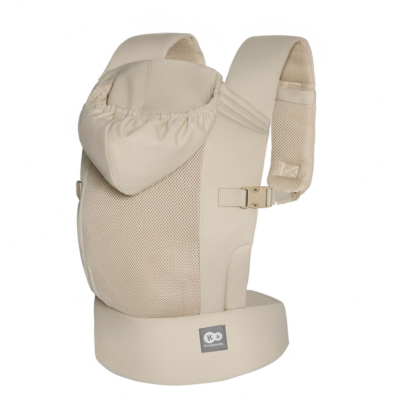 Kinderkraft ergonomische Babytrage CARRYBEE ab 3 Monaten bis 20 kg, verstellbar, feste Kapuze, aus Baumwolle und atmungsaktivem Polyester-Mesh, leicht, Beige