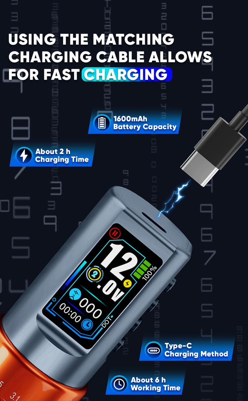 Kit penna rotativa per tatuaggio wireless - Set macchinetta per tatuaggio con corsa regolabile da 2,0-4,2 mm con schermo LCD TFT, alimentatore 1600 mAh,Nero,A