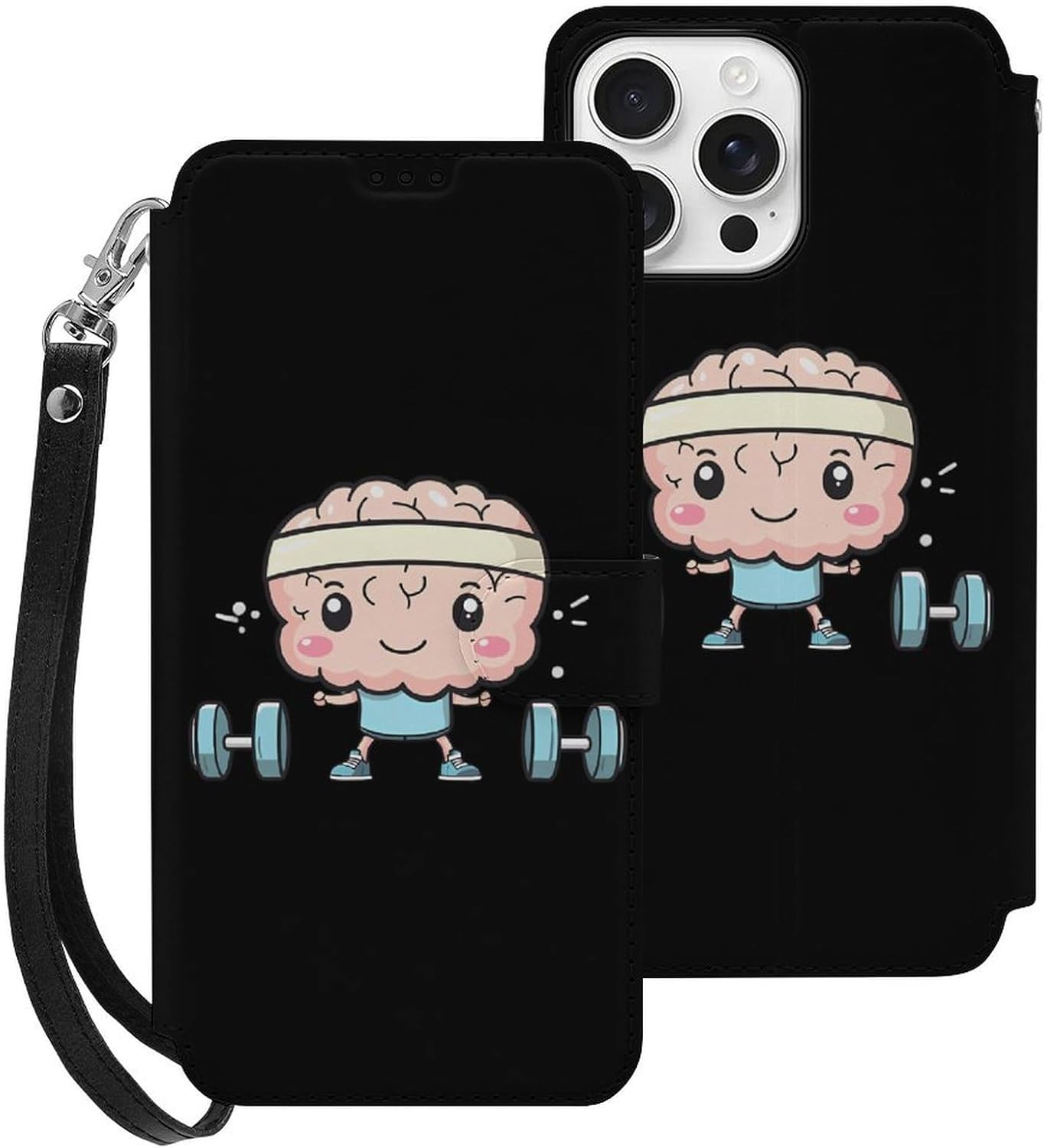 Brain Lifting Weights Compatible with iPhone 16/16 Plus/16 Pro/16 Pro Max/16 E Case Phone Wallet Card Holder Flip Cover with Wrist Strap