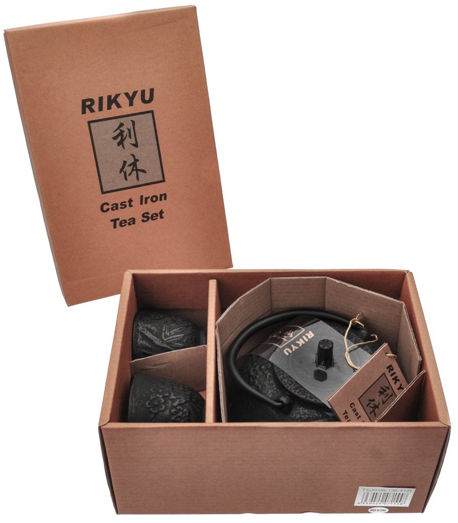 RIKYU RKTS2006BK Cast Iron Bamboo Tea Set with Trivet, 16 Ounce, Black
