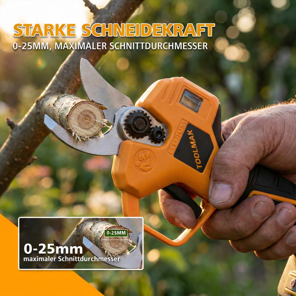 TOOLMAK Cesoia a Batteria da Potatura 20V Brushless Motore, Taglio 25 mm | Forbici Elettrica da Giardino Professionali per Vigneto, Batteria al Litio, Alberi da Frutto e Siepi （1 Batteria）