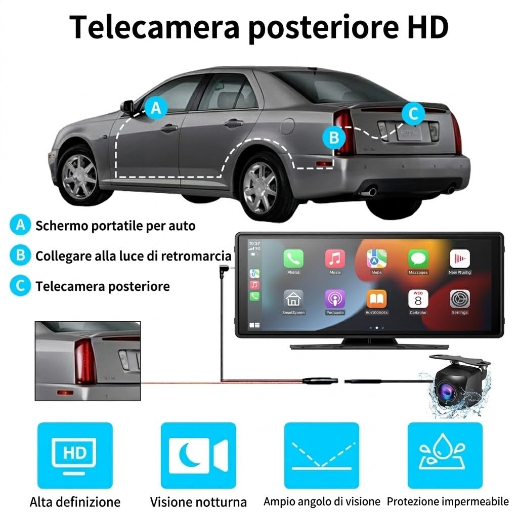 Schermo CarPlay Auto 10,26", Car Play per Auto Wireless e Android Auto, Dash Cam 4K, Supporto Retrocamera 1080P, Schermo per Auto IPS Touch, Mirror Link, BT/FM/AUX, TF 64GB, Plug and Play 12V/24V