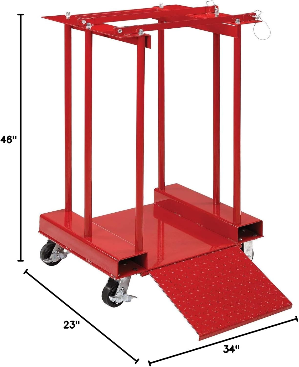 Global Industrial Mobile Forkliftable Cylinder Storage Caddy with Dissipative Chain, 4 Cylinders / 1500 Lbs Load Capacity, 34" W x 23" D x 41" H, Steel, Red