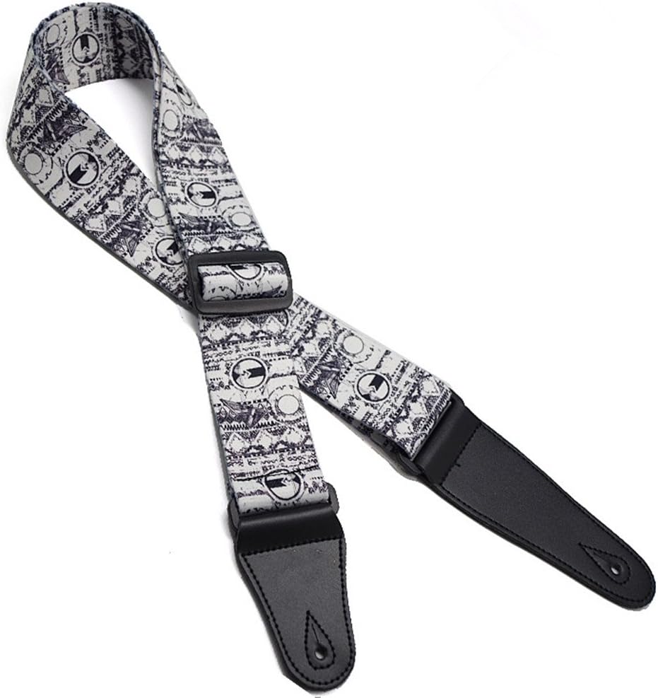 Thick Guitar Strap Black White Style with Leather Ends Adjustable Strap for Acoustic Guitar Electric Bass Guitar Black&White