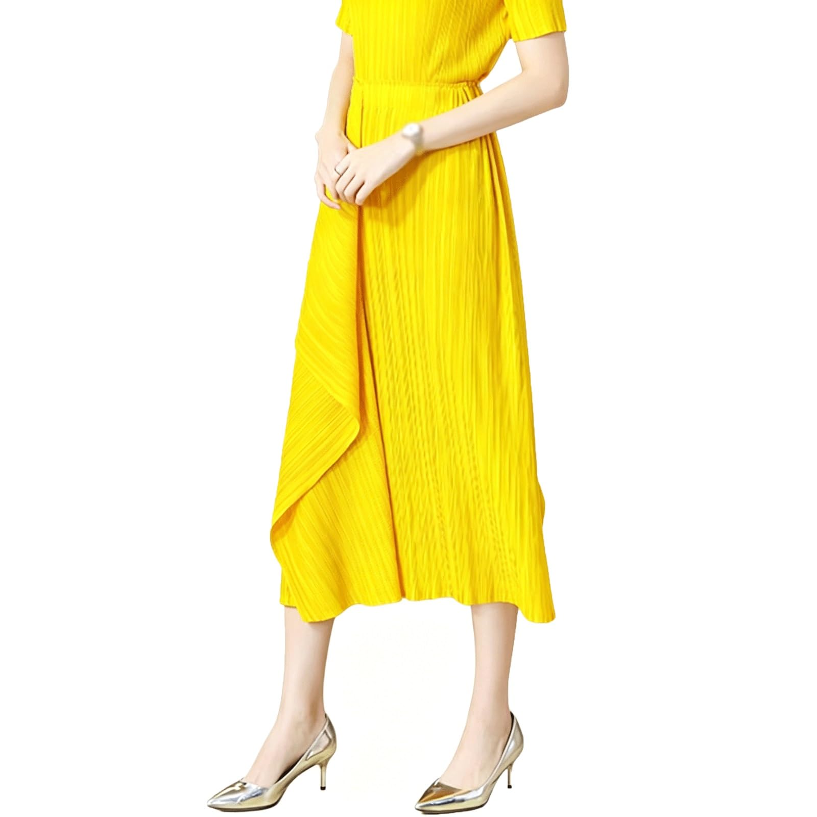 Midi Long Skirt Single Side Slit Asymmetrical Midi Long Skirt Pleated(Gelb)