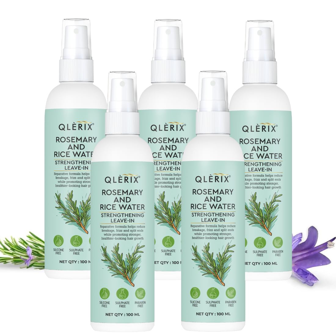 QLERIX Rosemary and Rice Water Spray for Hair Growth, Hairfall Control, Hair Thickness, Hair Strengthening & Hair Shine Leave-in Spray, Natural Ingredients, 100ml, For Men & Women All Hair Types (Pack of 5, Rosemary)