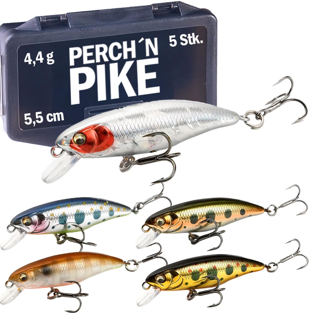 Wobbler - Set di 5 esche artificiali per trote e pesce persico, 5,5 cm, per pesca spinning, esca Minnow affondante per acqua dolce, ultra leggera, 4,4 g, 5,5 cm, in diverse decorazioni, per trote