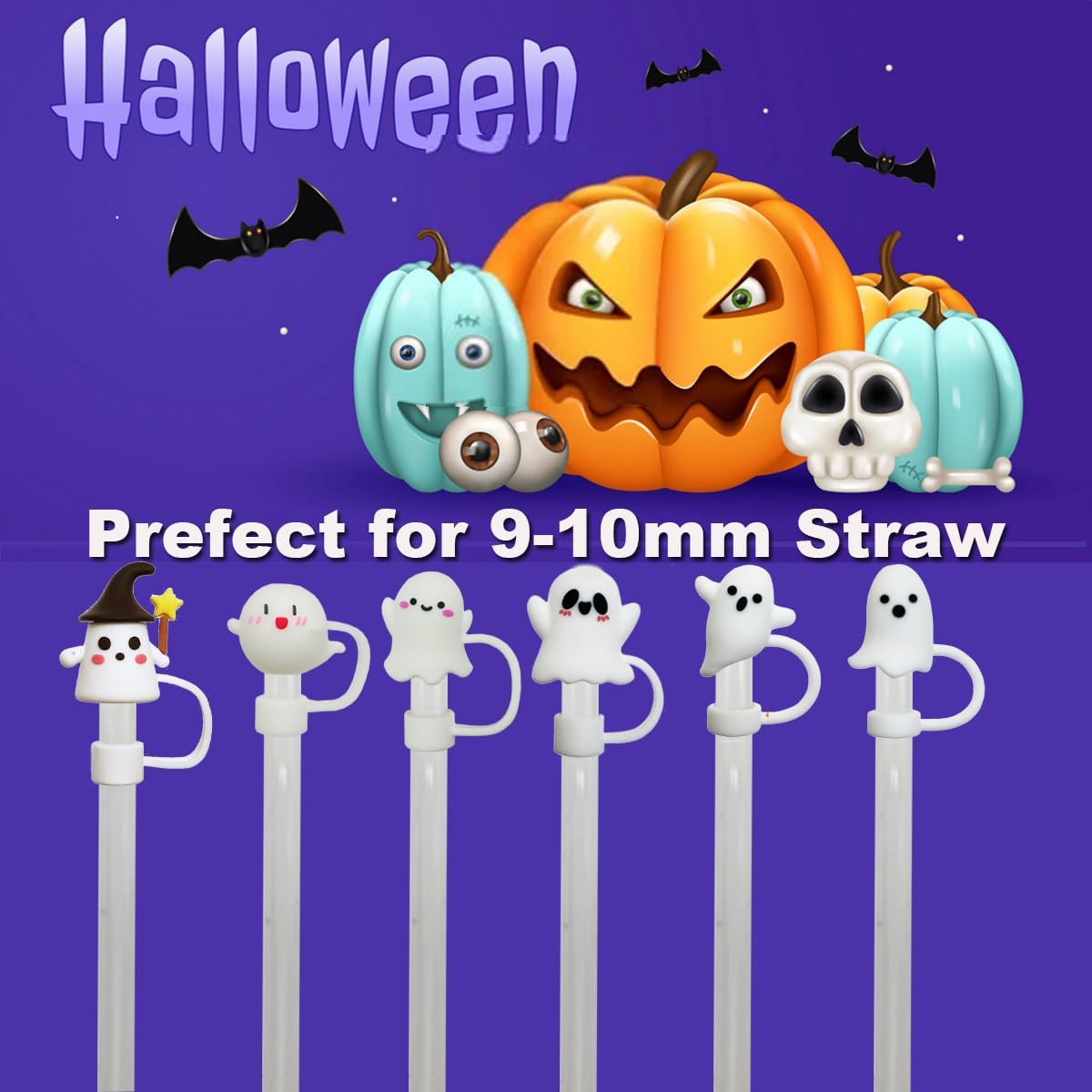 6pcs Halloween Straw Cover Cap For Stanley Cute Ghost Silicone Straw Toppers10mm 0.4in Dust-Proof Reusable Straws Cap for Halloween Gifts - Image 2