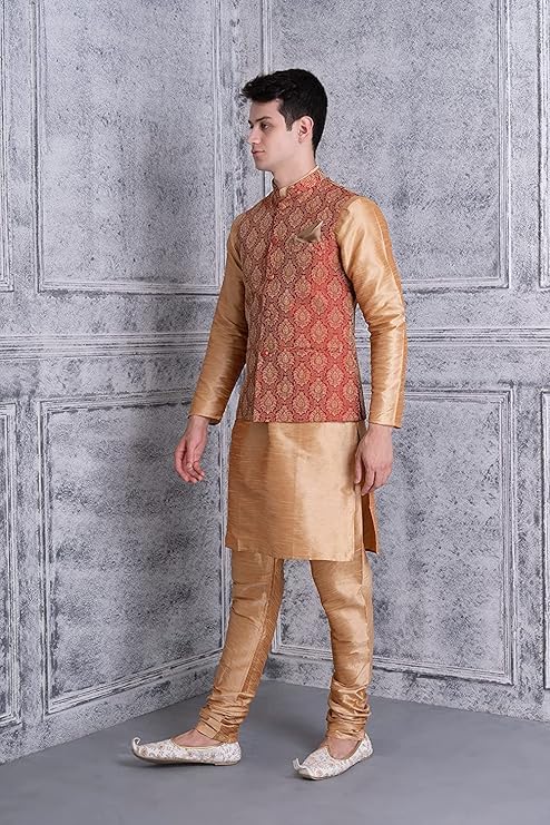 Image of Uri and MacKenzie Men's Silk Blend Kurta Churidar Pyjama with Stylish Nehru Jacket