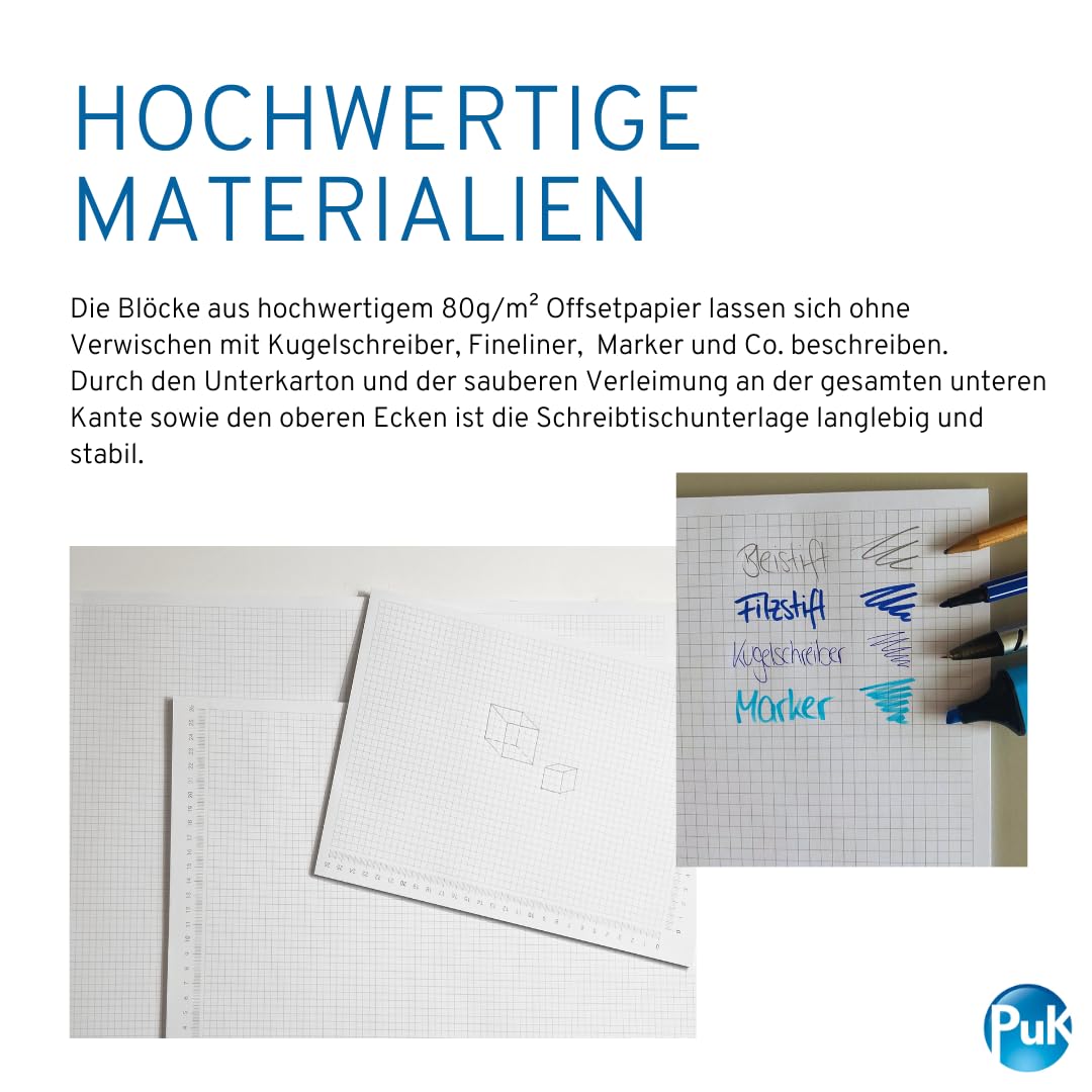 Karierte Papier-Schreibtischunterlage | DIN A2 | seitlich abgedrucktes Lineal | 30 Blatt zum Abreißen | mathematisches Papier karierter Block | zum Beschreiben und Skizzieren (DIN A2 mit Schutzleiste)