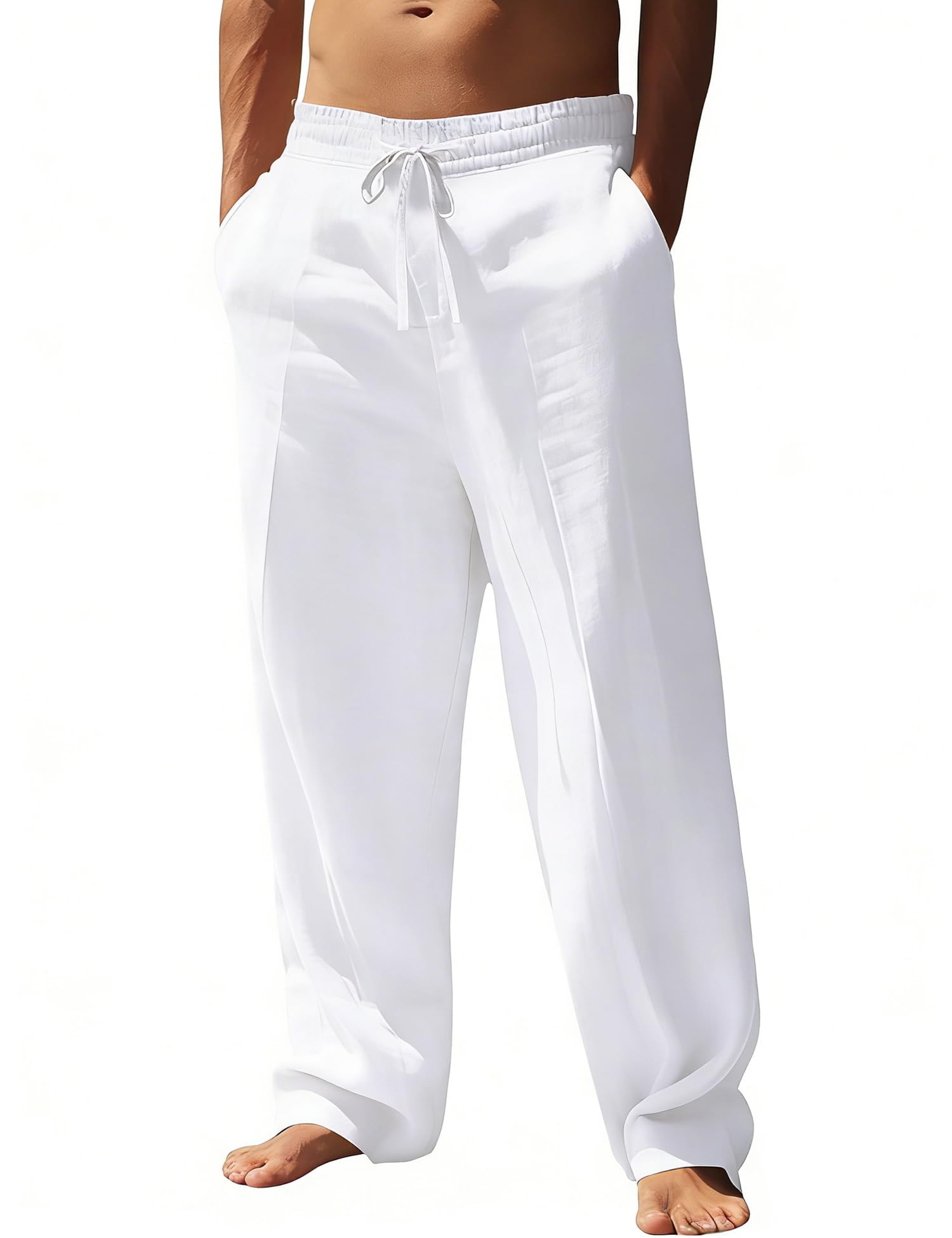 SWOMOG Mens Casual Cotton Linen Pants Drawstring Loose Fit Summer Beach Pants Lightweight Trousers with Pockets