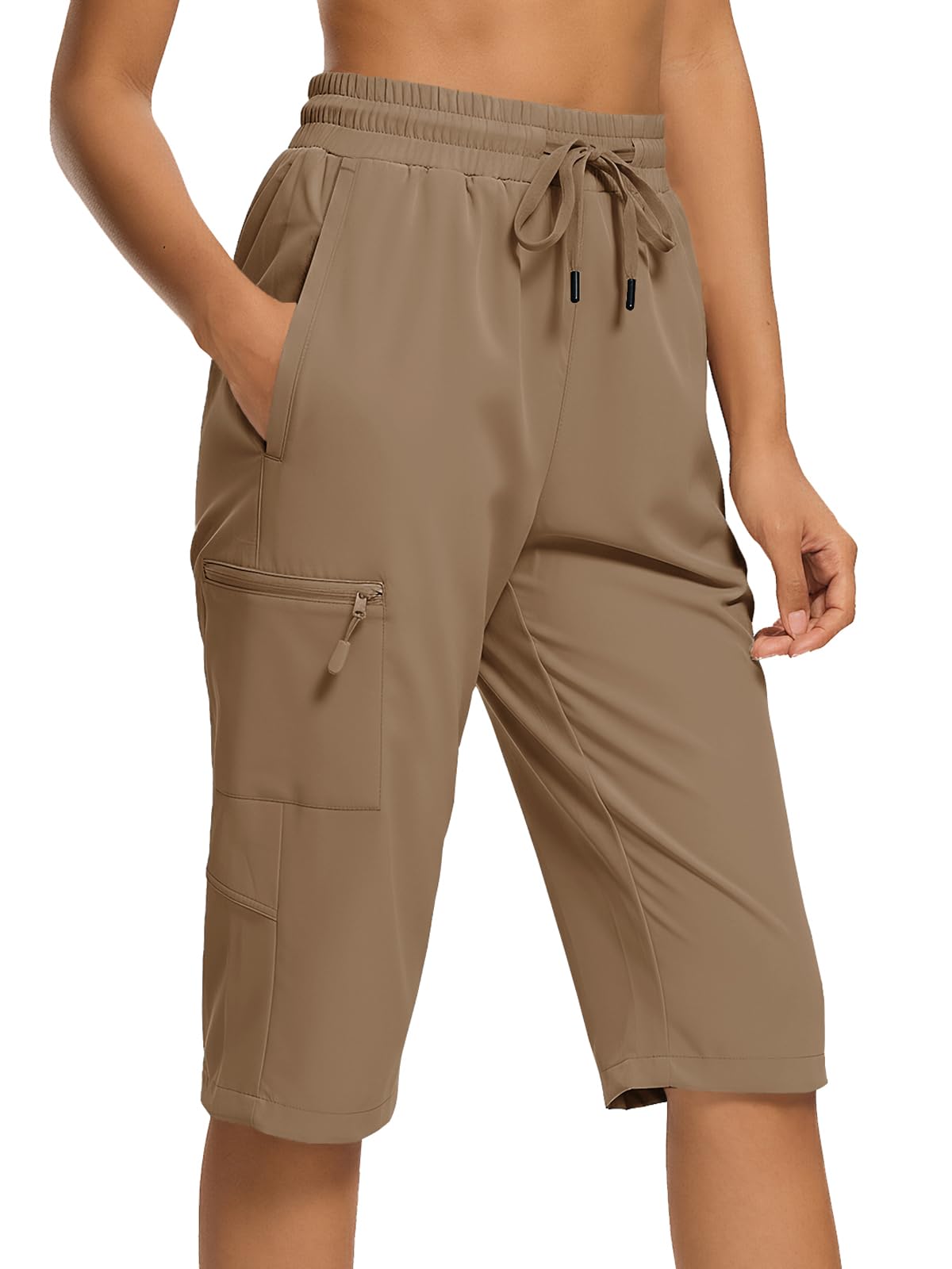 DEVOROPA Women's Hiking Long Shorts Knee Length Lightweight Quick Dry Cargo Athletic Bermuda Beach Shorts with Zipper Pockets, Dark Khaki, M