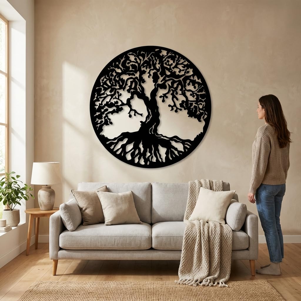 Baum des Lebens Wanddeko aus Metall – Schwarze Stahl-Wandkunst, 90 cm Rund, Indoor & Outdoor