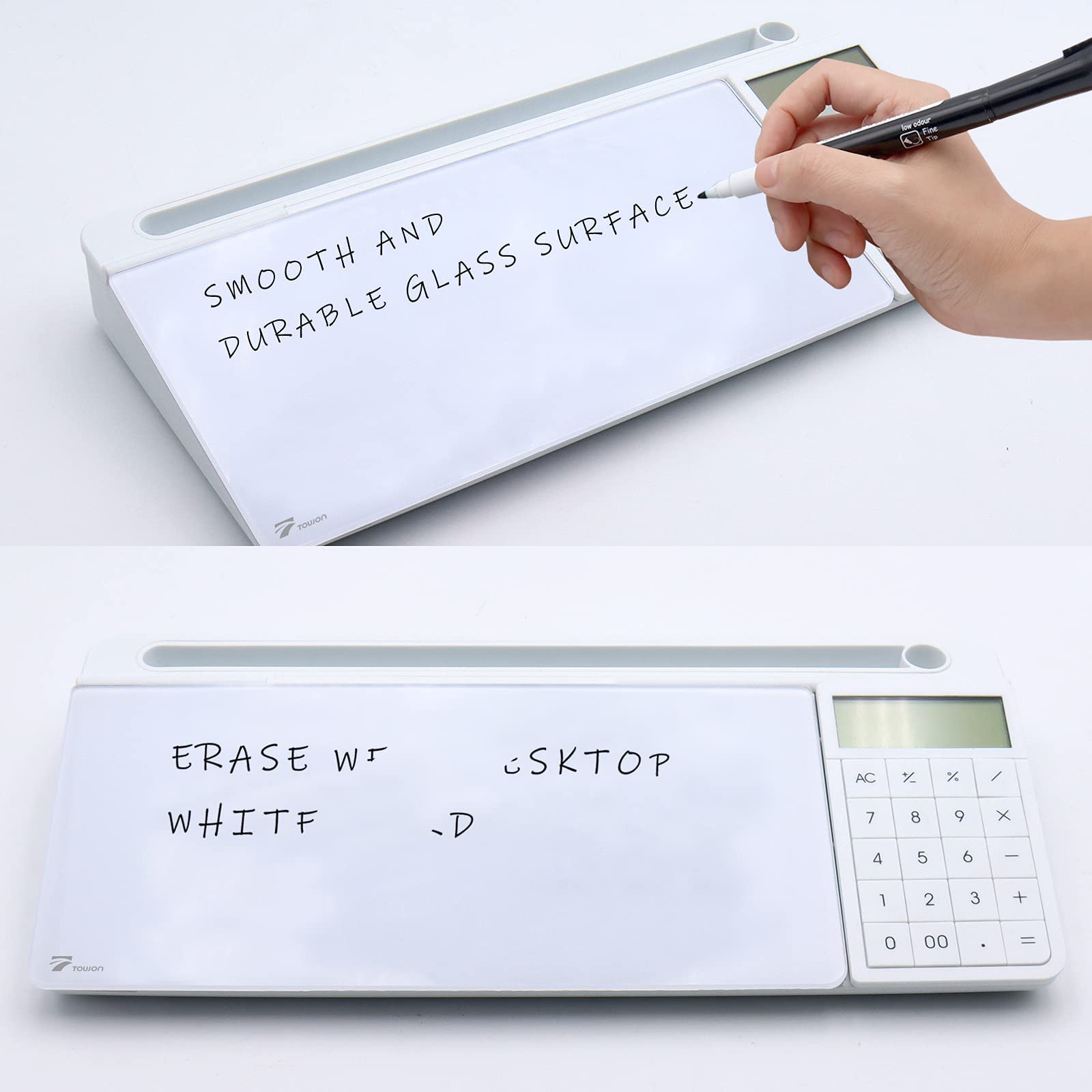 TOWON Tableau blanc de bureau en verre avec calculatrice de base, écran LCD à 12 chiffres, organiseurs de bureau avec accessoires pour bureau, maison, fournitures scolaires, rangement avec surface