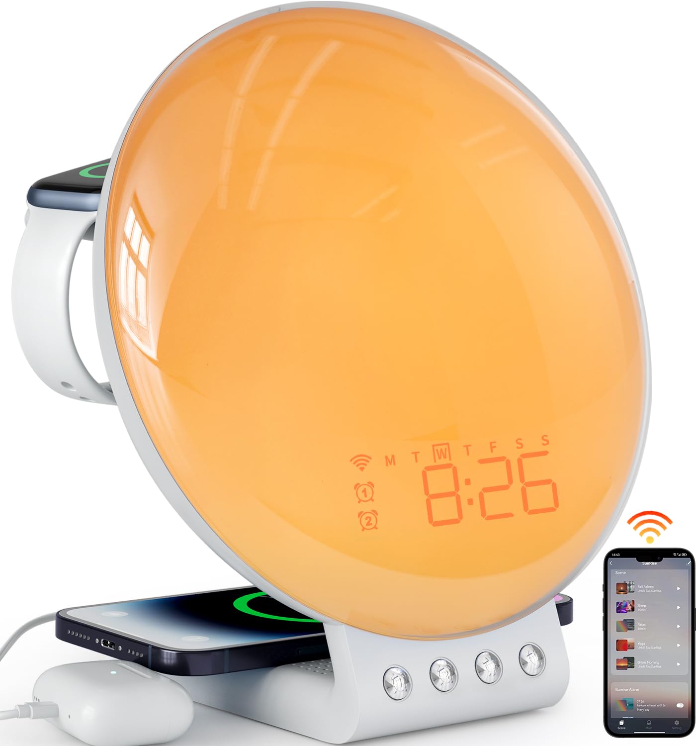 Dekala Sveglia Luce Vollbild Wake up Light con Rumore Bianco dell'Alba Suono Rilassante Luce Notturna per Adulti e Bambini con Ricarica Wireless Controllo Touch/App Funziona con Alexa