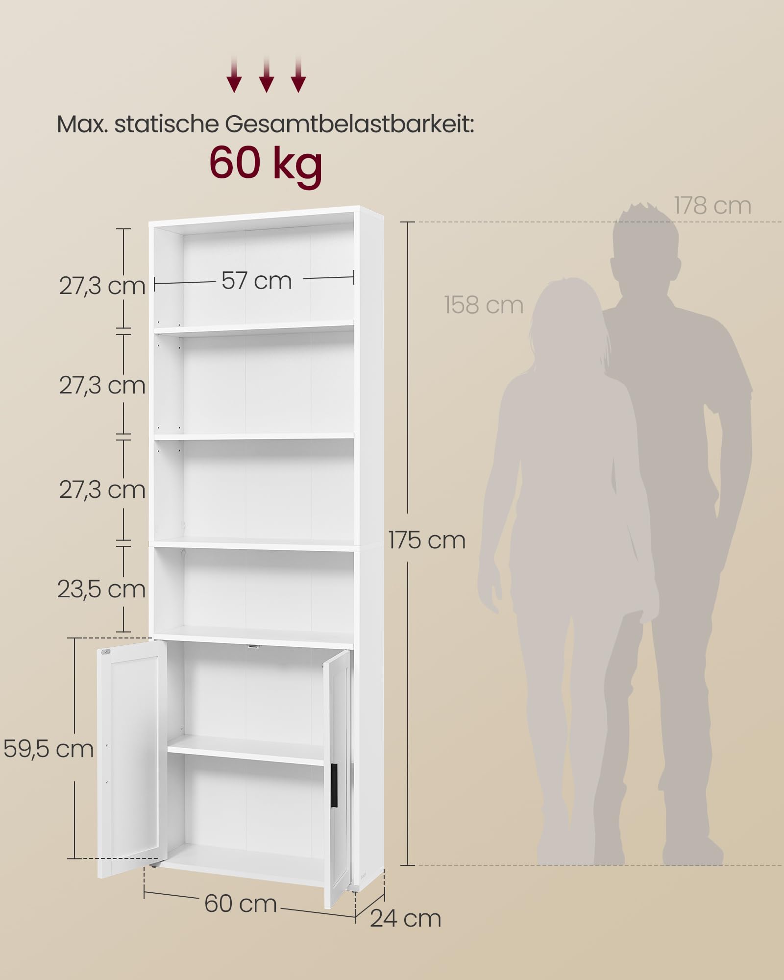 VASAGLE Bücherregal 6-stöckig Standregal mit Türen 24 x 60 x 175 cm wolkenweiß LBC402W01