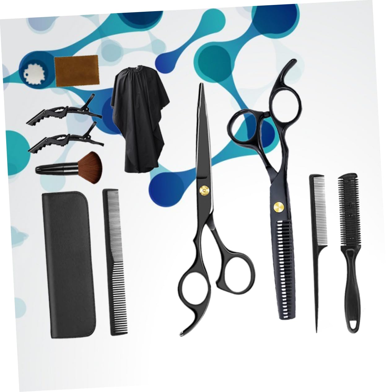 Friseurscheren 1 Satz aus Kunststoff, Schwarz, Flache Schere | Zahnschere, 12 Stück Zubehör, für Barbershop und Zuhause, Leicht und Ergonomisch