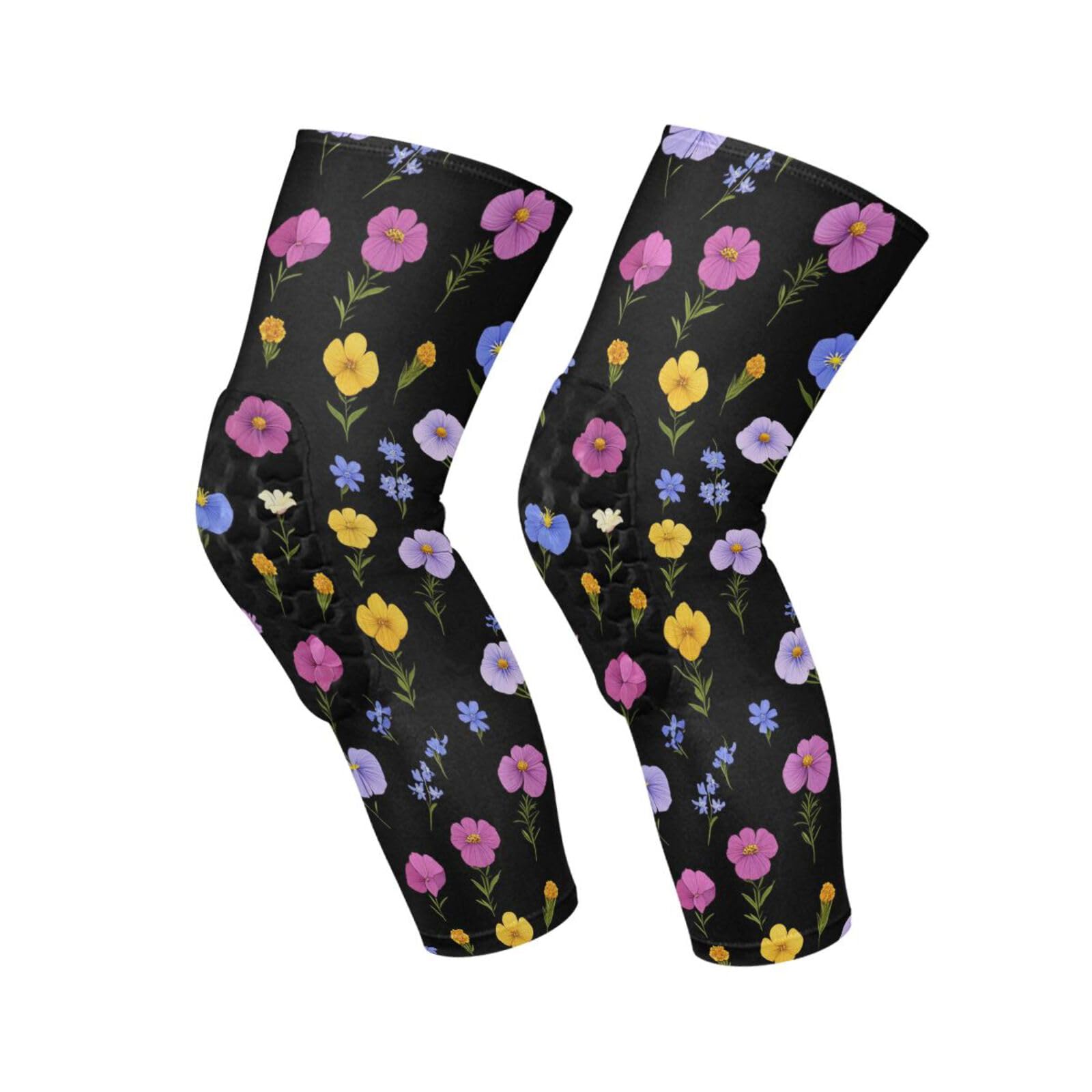 JUNZAN Colorful Florals in Black Basketball Knee Pads for Youth Kids Wrestling Knee Pads with Sleeves Sport Kneepads for Volleyball Football