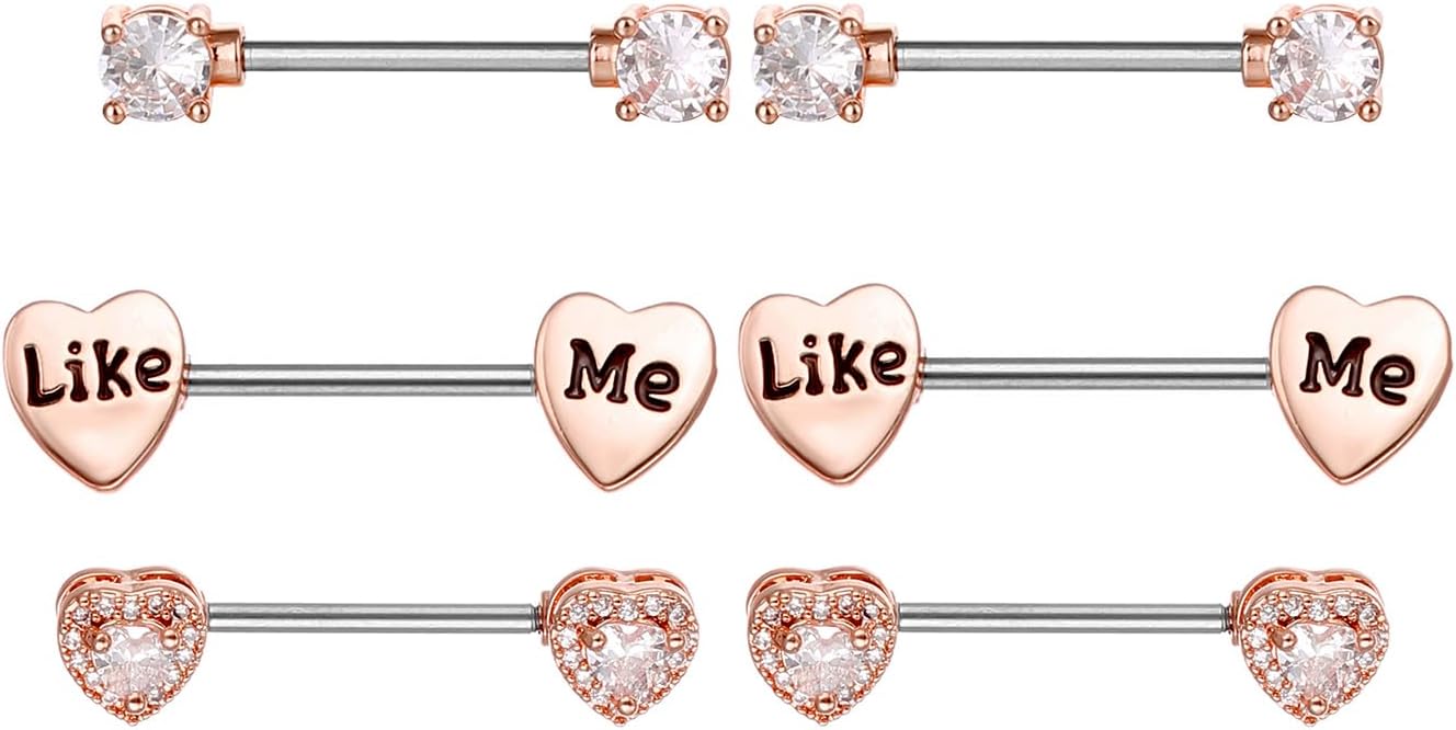 28 Pcs Nipple Rings 14Ga 16mm Surgical Stainless Steel Zircon Copper Piercing Jewelry Tongue Rings Straight Barbells Length Heart Shape