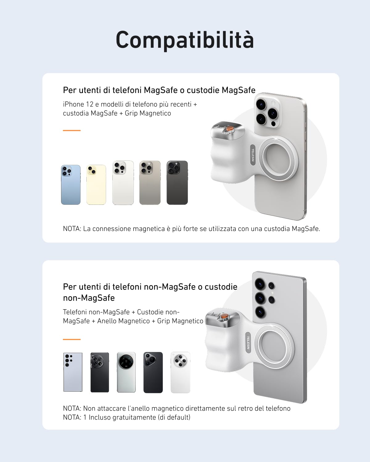 TELESIN Fun Shot Impugnatura Smartphone, Magnetica Impugnatura per Smartphone con Telecomando Bluetooth Staccabile, Filettatura da 1/4, Compatibile con iPhone & Android, Selfie Vlog