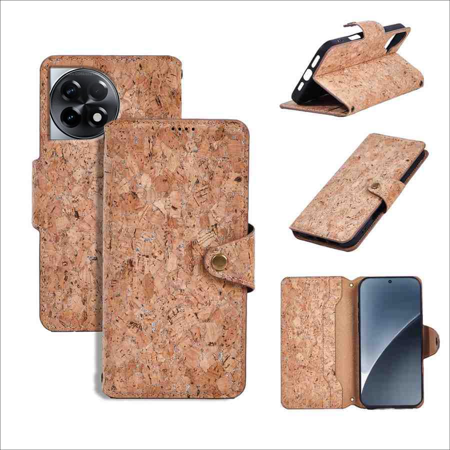 Image of ClickCase for Oneplus 11R 5G Natural Wood Cork Eco-Friendly Vegan Leather Wallet Case Flip Cover with Card Holder & Kickstand,Magnetic Flip Cover for Oneplus 11R 5G Wooden, Silver