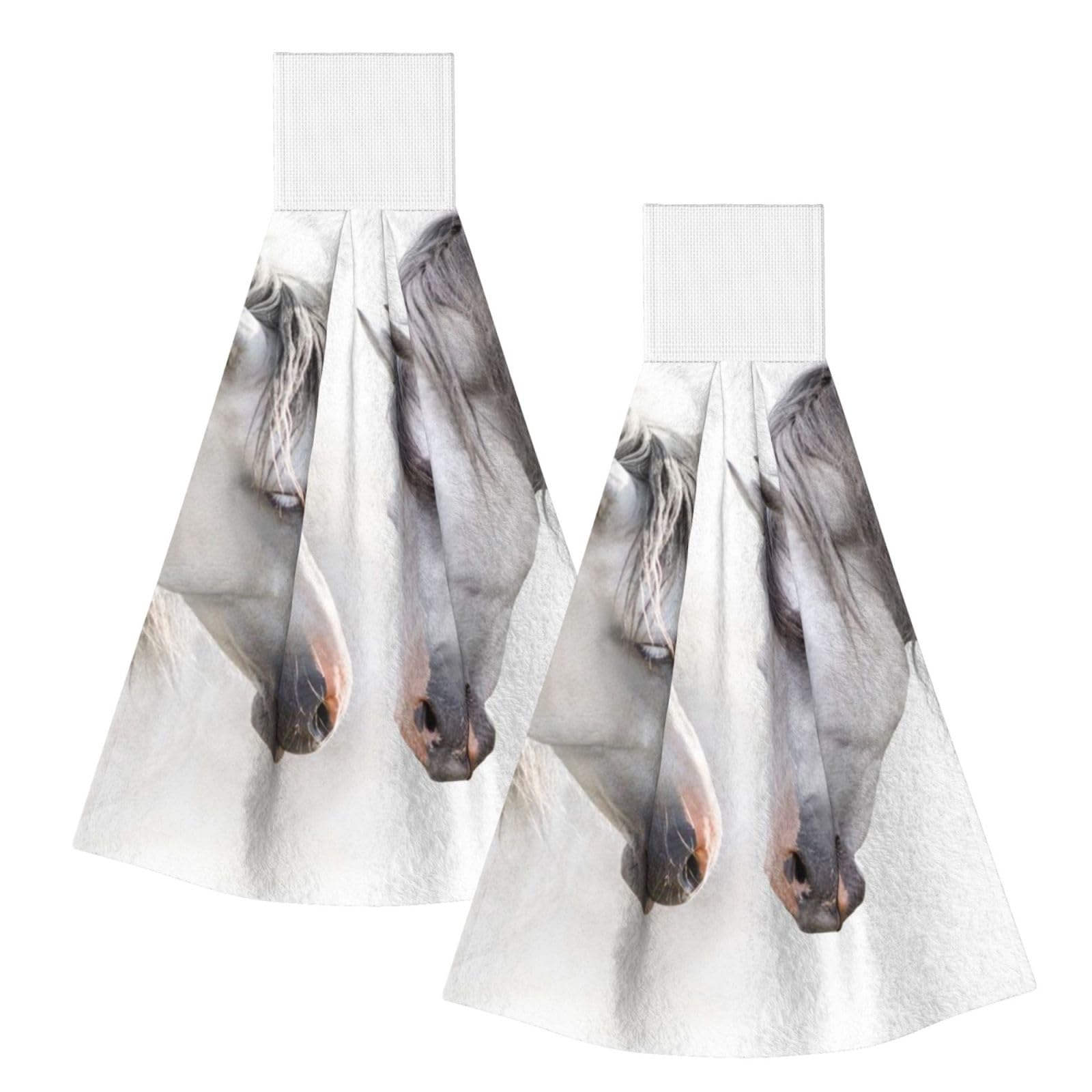 DOPKLNA White Horses, 2 Pcs Hanging Coral Fiber Hand Towels for Bathroom, Absorbent Kitchen Towels