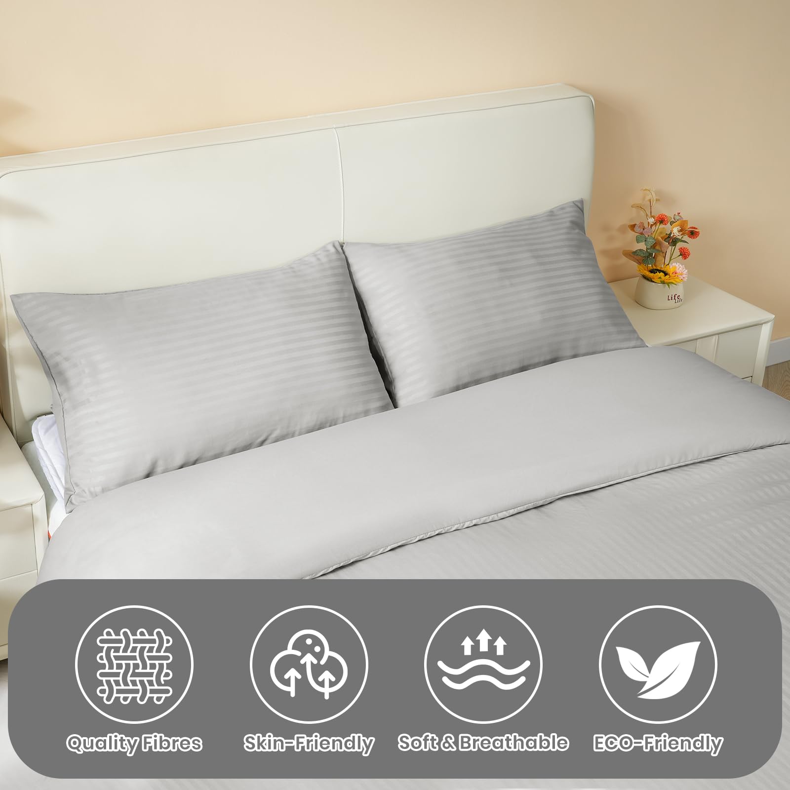 Good Nite Single Duvet Cover Polyester Striped Satin Duvet Cover Set Duvet Sets with 2 Pillowcases Skin Friendly and Soft Machine Washable (Light Gray - Image 2