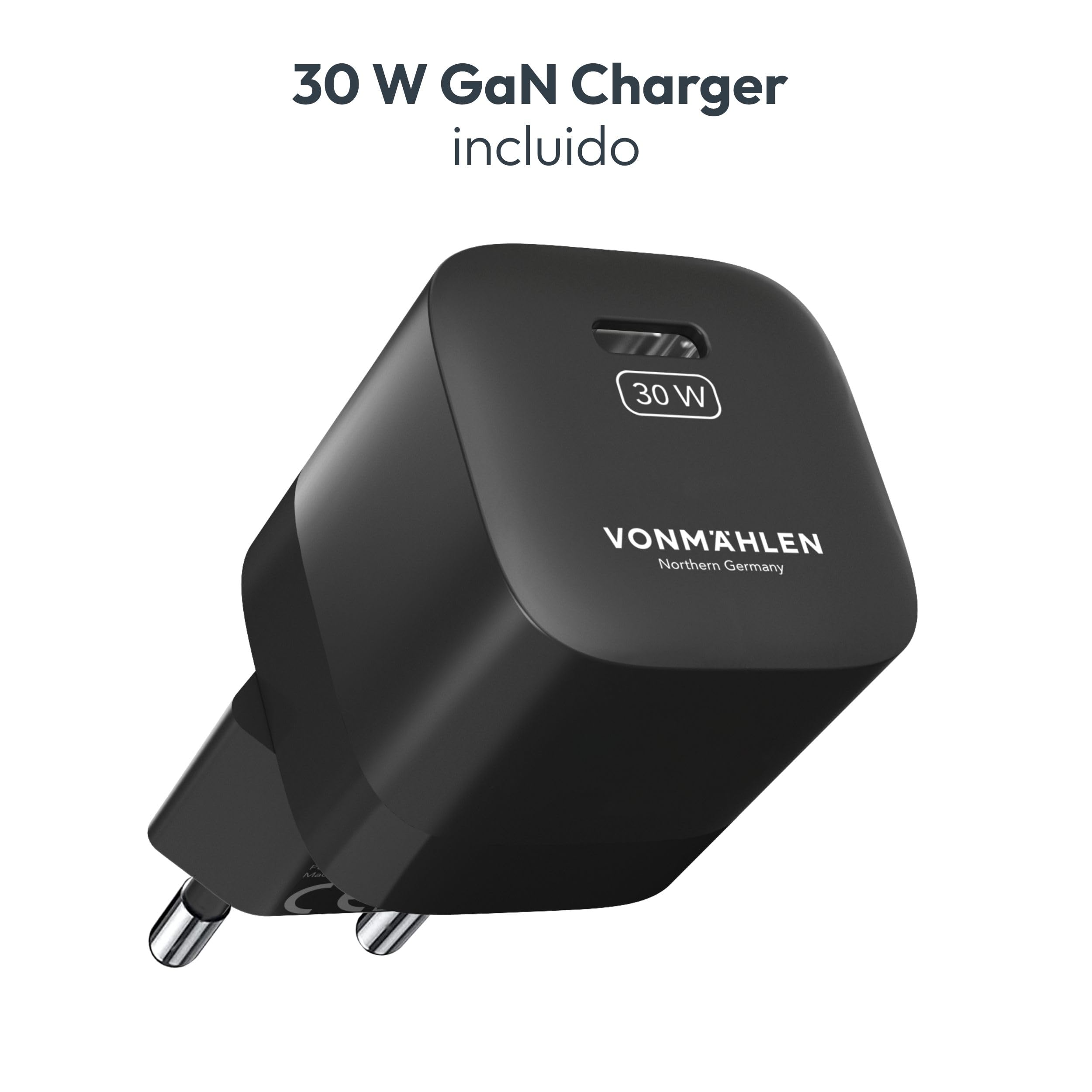 VONMÄHLEN allroundo GaN - Cargador rápido de 30 W con tecnología GaN, compatibilidad USB-C universal, funda de viaje incluida - Negro