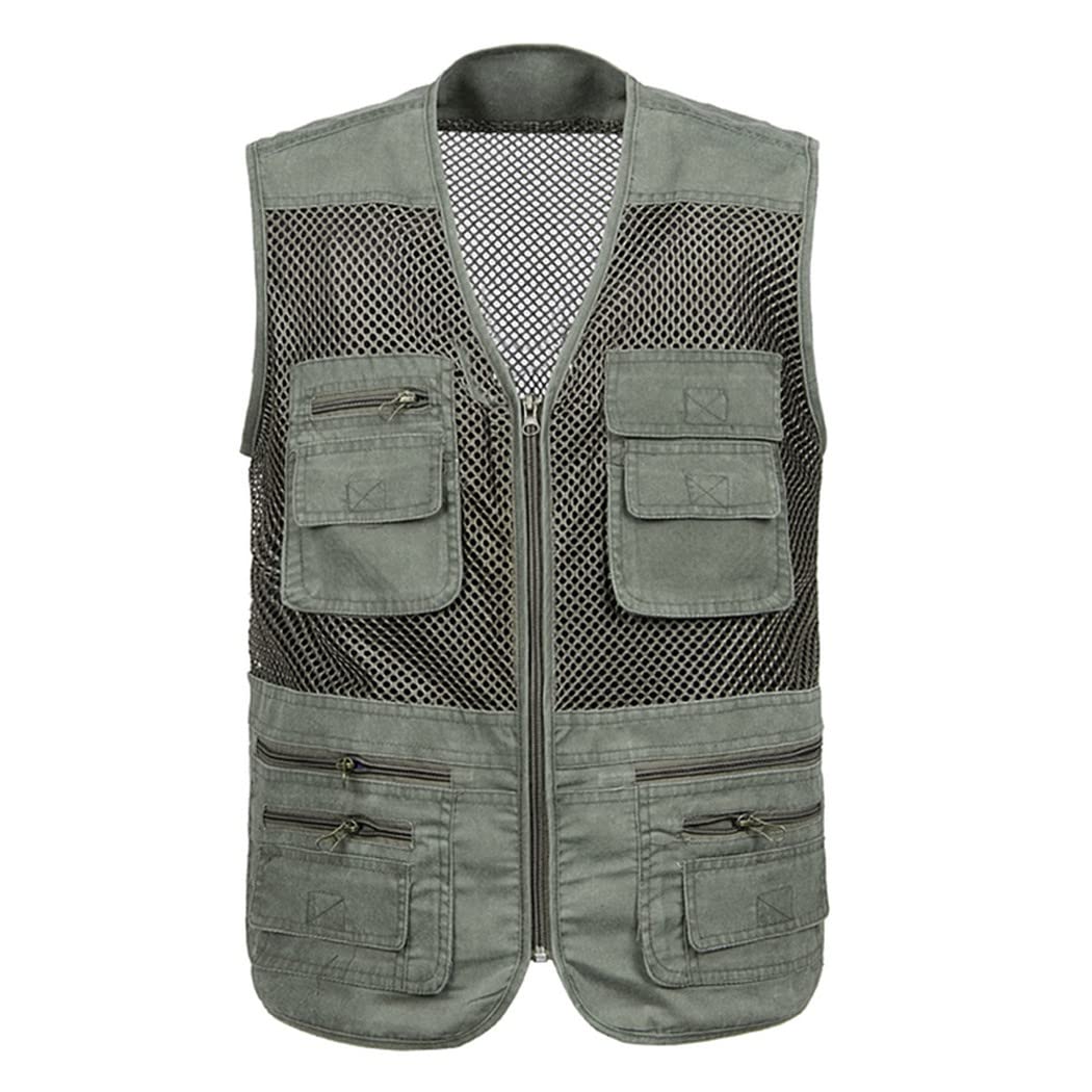 Gilet de pêche sans manches en maille à séchage rapide, avec de nombreuses poches, plusieurs poches, Gilet vert militaire., XXXL