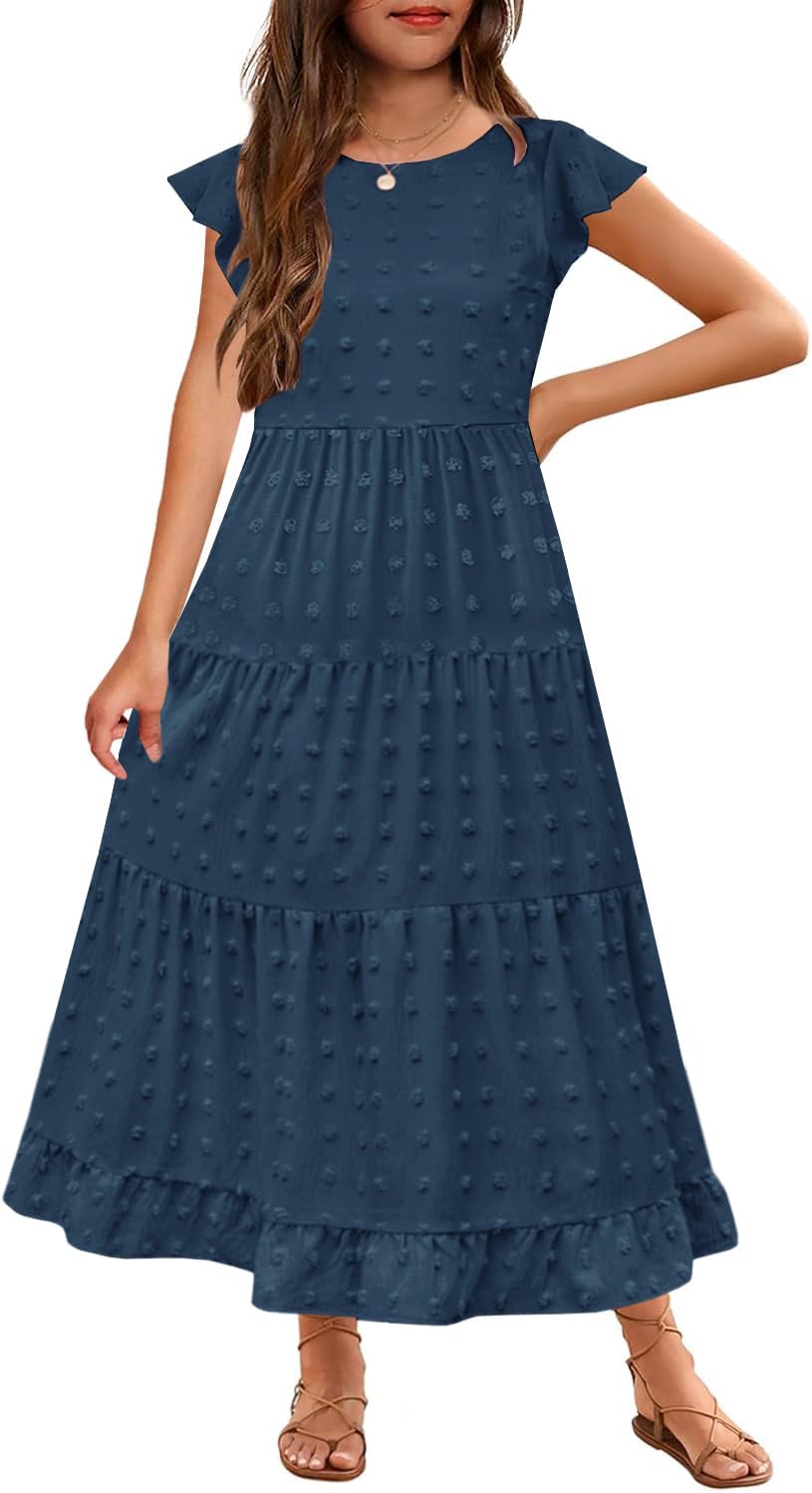 HOSIKA Girls Maxi Dress Ruffle Sleeve Swiss Dot A Line Tiered Flowy Casual Party Dresses with Pockets for 6-12 Y