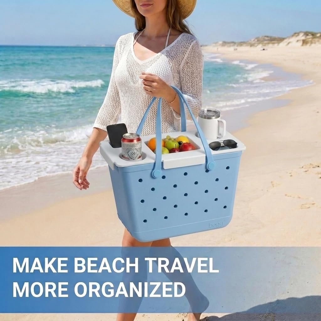 Topper Tray for Bogg Bag X-Large - Durable EVA Top Storage Lid & Cup Holder - Large Removable Tote Insert Divider and Organizer for Snack, Drinks - Beach, Pool, Travel Essentials (White)
