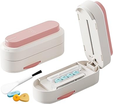 Pill Cutter, Pill Splitter for Small Pills - Easy to Press, Pink | Cuts Tiny to Large Tablets, Arthritis-friendly, Adjustable Bars & Hidden Blade, Safe for Seniors, Pets, Travelers, with Brush