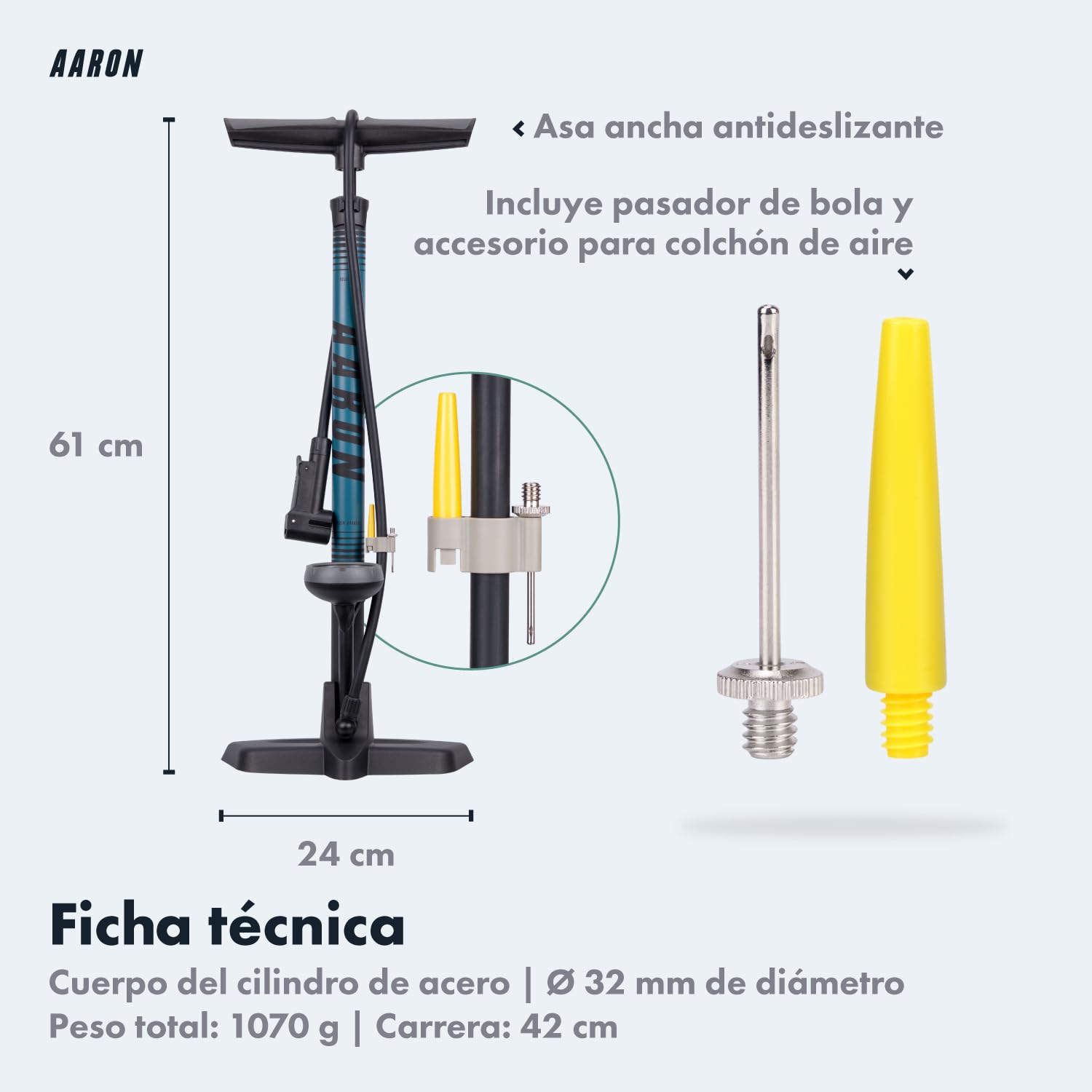 AARON Sport One - Bomba de pie para Bicicleta manómetro para Todo Tipo de válvulas, con Accesorio para Pelotas, Amarillo