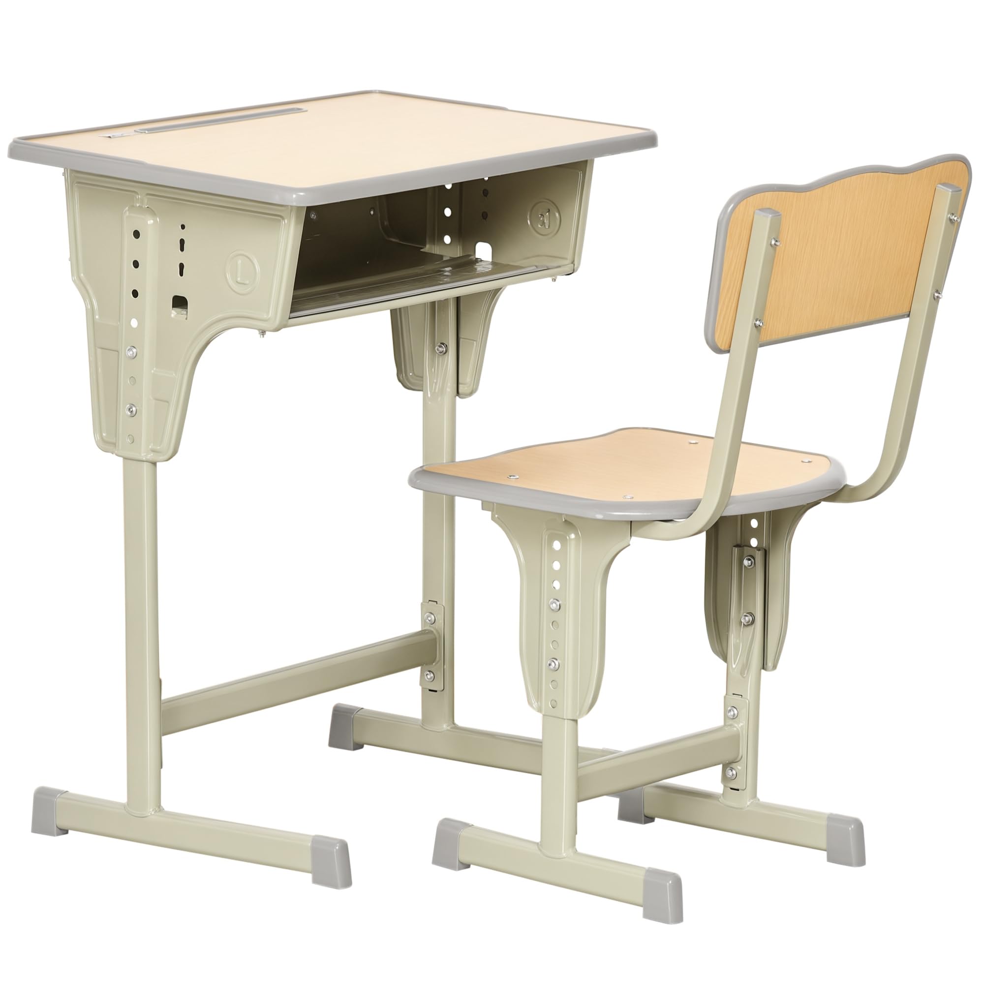 HOMCOM Juego de Escritorio y Silla para Niños de +6 Años Escritorio Infantil Altura Regulable Pupitre Infantil con Gancho y Cajón Madera Natural