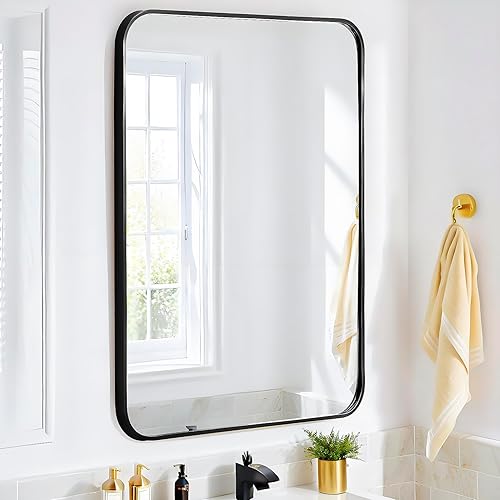 Espejo rectangular de 24 x 16 pulgadas montado en la pared, marco de metal de aleación de aluminio, cristal HD, maquillaje para baño, entrada,